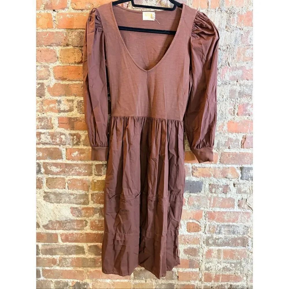 NATION • Brown Crop Puff Sleeve Midi Tea-Length Peasant Dress 100% Cotton • Ladi